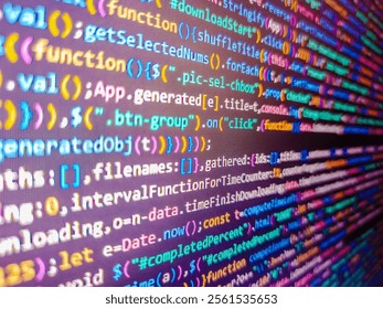 Template of website, selective focus. 3d rendering. Programming code text on computer screen. Programming code with black background. Love multilingual word. Software development monitor.