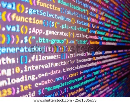 Template of website, selective focus. 3d rendering. Programming code text on computer screen. Programming code with black background. Love multilingual word. Software development monitor.
