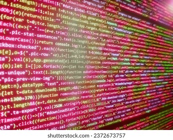 Template of website, selective focus. Binary code digital technology background. WWW software development. Php Code on computer screen. Javascript instructions