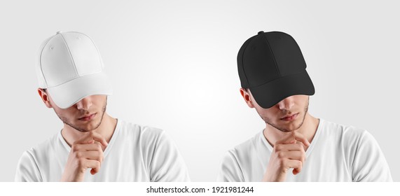 Template for a white, black cap on a guy with his head down, front view, blank hat with a visor, design presentation. A set of accessories for sports, hip-hop. Headdress mockup Isolated on background