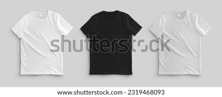 Template of white, black, heather laid out t-shirt, front view, men's clothing with label, isolated on background. Mockup shirts for branding, design, advertising, commerce. Unisex fashion wear set ストックフォト © 