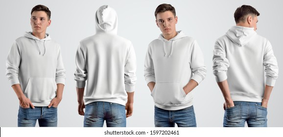 Template white hoodie on a young guy, front and back view. Mockup of sweat with a hood on the background for design presentation. Set of 4 things