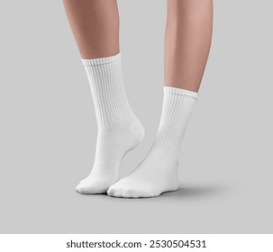 Template of white long socks on women's legs, one foot with stretched toes, side view, for design, branding, pattern. Mockup of pair apparel on ankle, high elastic band on socks,isolated on background