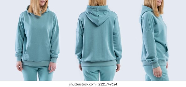 Template Of A Women's Sweatshirt Of Blue Colors. Front View, Side View, Back View. Hoodie Mockup.