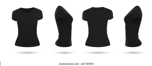 Template Of A Women's T Shirt Of Black Color (front View , Side View, Back View ). White Background