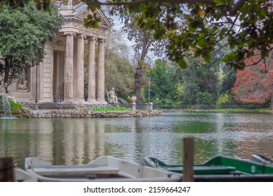 The temple of Aesculapius is located on an artificial islet of the lake located in the Garden of the Lake of Villa Borghese in Rome.