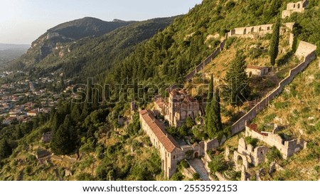 Temple of Agia Sofia and uphill castle of Mystras, Sparta, Peloponnese, Greece
