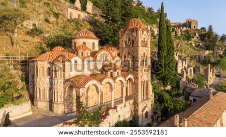 Temple of Agia Sofia and uphill castle of Mystras, Sparta, Peloponnese, Greece