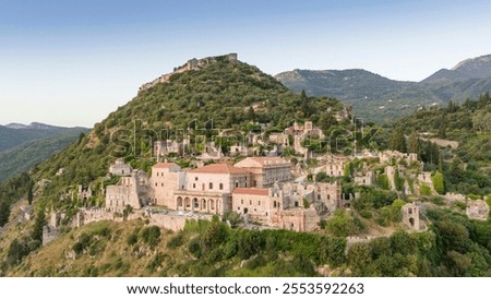 Temple of Agia Sofia and uphill castle of Mystras, Sparta, Peloponnese, Greece