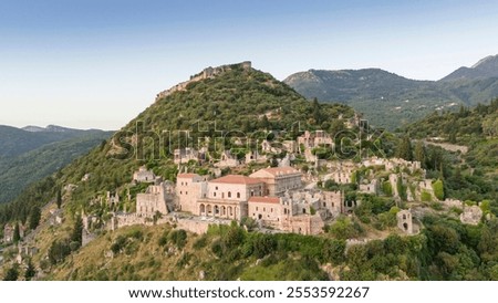 Temple of Agia Sofia and uphill castle of Mystras, Sparta, Peloponnese, Greece