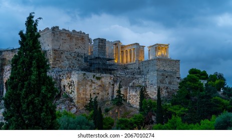 Temple of Athena Nike,Monument of Agrippa and 
				Propylaea in night, in the Acropolis of Athens, Greece, named after the Greek goddess Athena. 