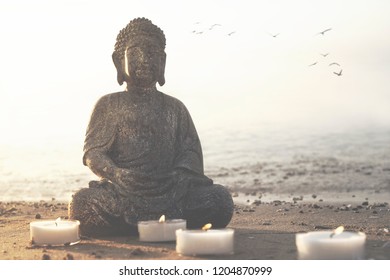 temple with buddha statue and lit candles that illuminate the spirit - Powered by Shutterstock