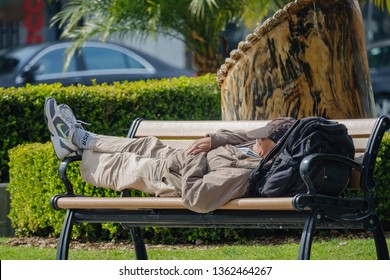 Temple City, FEB 26: Old Man Sleeping With His Back On A Chair On FEB 26, 2019 At Temple City, California