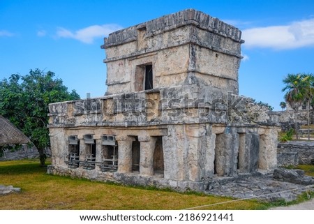 Temple of the frescos, Mayan Ruins in Tulum, Riviera Maya, Yucatan, Caribbean Sea, Mexico.