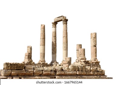 Temple of Hercules isolated on white background. It is a historic site in the Amman Citadel in Amman, Jordan