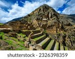 The Temple hill and terraces in Ollantaytambo, Sacred valley, Cusco, Peru. Ollantaytambo is a famous Inca archeological site.