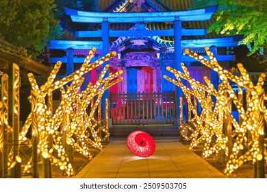 Temple Lights and Red Umbrella: A Mystical Nighttime Journey - Powered by Shutterstock