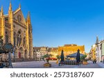 Temple Saint-Etienne church Mulhouse Cathedral, Hotel de Ville Town hall, colorful buildings and street restaurant on Place de la Reunion square in old town Mulhouse city centre, Alsace, France