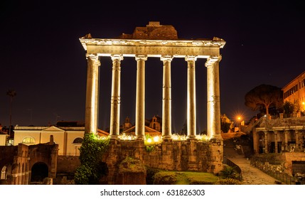 Temple Of Saturn In Roman Forum - Night View