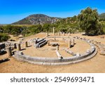 The temple terrace and the round structure ruins at the Kaunos ancient city. Kaunos is located near Dalyan town in Mugla Province, Turkey.