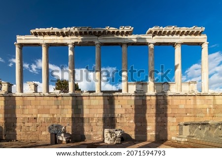 The Temple of Trajan in the Ancient Ruins of the Acropolis in Pergamon, Bergama, Turkey. Sunny day in the ruins.