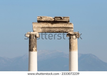 Temple of Zeus, Hell's Gate, columns, Roman and Hellenistic historical ruins exhibited in Hierapolis ancient site and national park in Pamukkale, Denizli, Turkey.