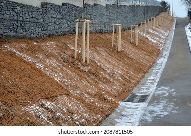 Temporary Covering Of The Lawn Sowing With Textiles To Ensure A Large Slope Against Erosion. Using Brown Jute Fabric Stabilizing Coconut Net For Steep Slopes. In Heavy Rain The Soil Does Not Leach Out