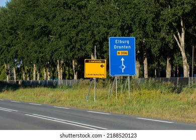 Temporary road sign for suppliers "Leveranciers" to the Lowlands Paradise, a three-day festival with music, theatre, film, comedy, literature, street theatre, science and visual arts in Biddinghuizen - Shutterstock ID 2188520123