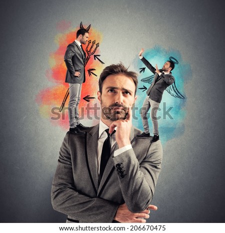 Temptation of a businessman with angel and devil
