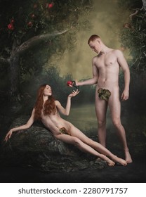 Temptation. Cinematic portrait, replica of picture Adam and Eve. Man and redhaired woman in image of famous characters over vintage style background. Art, creativity, beauty, eras comparison concept