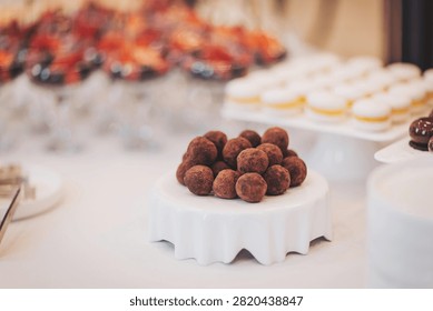 A tempting array of chocolate truffles sits on a delicate white stand. This scrumptious treat is part of a lavish dessert spread at a vibrant celebration, inviting guests to indulge.