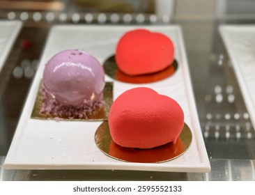 A tempting array of heartshaped desserts presented in vibrant, eyecatching colors such as red and purple.