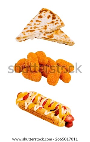 A tempting display of snacks includes crispy cheese quesadilla slices, golden chicken nuggets, and a loaded hot dog topped with sauces. Perfect for casual gatherings and parties.