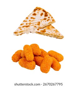 A tempting snack platter features two slices of a crispy quesadilla filled with melted cheese and a generous portion of golden cheese bites, perfect for sharing or enjoying alone.