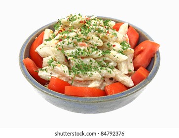 A Tempting View Of  A Creamy Pasta Salad On A White Background.