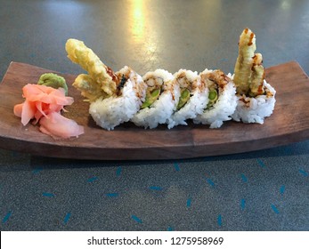 Tempura Asparagus Sushi Roll On Wooden Dish