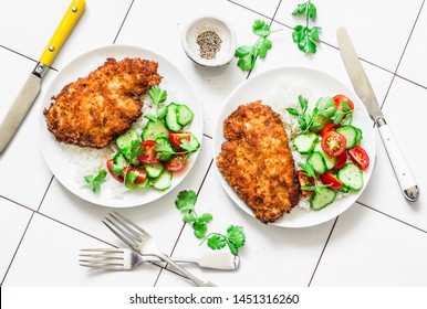 Tempura Chicken Chop With Rice And Fresh Vegetable Salad On A Light Background, Top View. Delicious Lunch                      