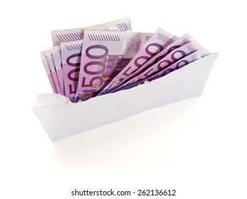 Ten 500 Euros Bills In Torn Open Envelope Isolated On White Background