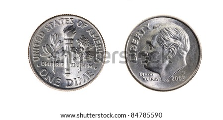 Ten American cents on a white background (a photo of both parties of a coin)