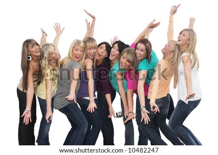 Ten beautiful young women having fun together.