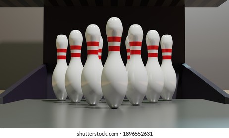 Ten Bowling Pins Arranged in Rows on Alley