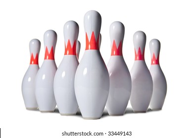 Ten Bowling Pins. Isolated On White.