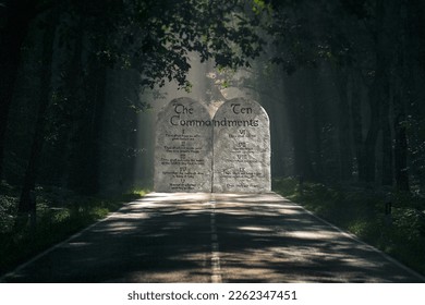 Ten Commandment in road with sunlight on the truth 