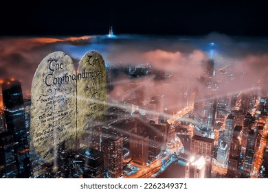 Ten Commandments shinning the light of truth around the city religious background 