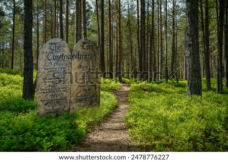 Ten Commandments at start of path in forest 