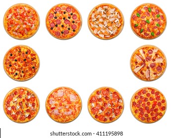 Ten different pizza set for menu. Italian food traditional cuisine. Meat pizzas with mozarella, salami, sausages, pepperoni and ham. Collage with copy space in the middle. 