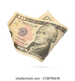 Ten Dollar Bill. United States Currency Banknote Isolated On A White Background. 