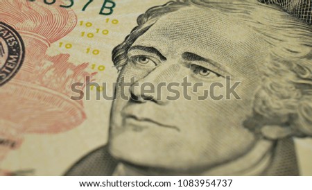 Ten Dollars and portrait Alexander Hamilton on USA money banknote