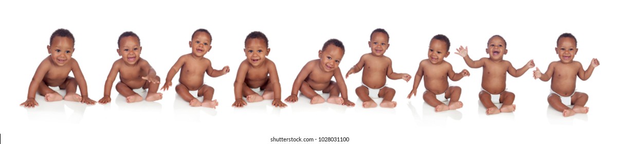 Ten Funny African Babies Sitting On The Floor Isolated On White Background