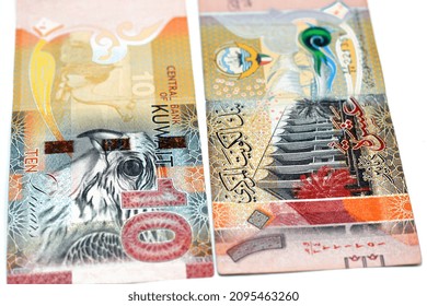 Ten Kuwaiti Dinars Bill Banknote 10 KWD Features The National Assembly Of Kuwait, Sambuk Dhow Ship, Falcon And Camel Dressed In A Sadu Saddle, Kuwaiti Dinar Is The Currency Of State Of Kuwait Isolated